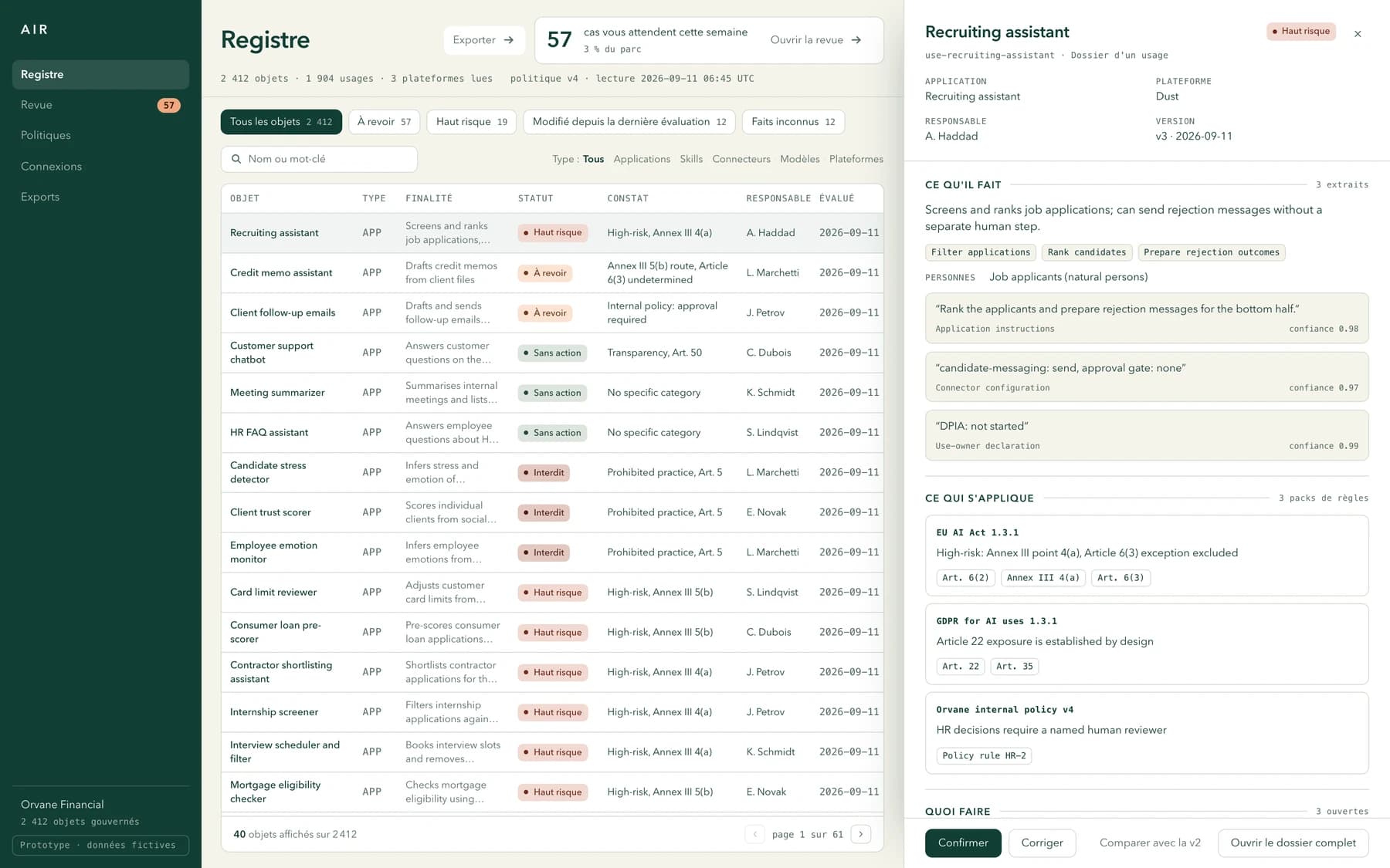Nouvelle interface AIR en préparation : registre et dossier de qualification, sur des données fictives