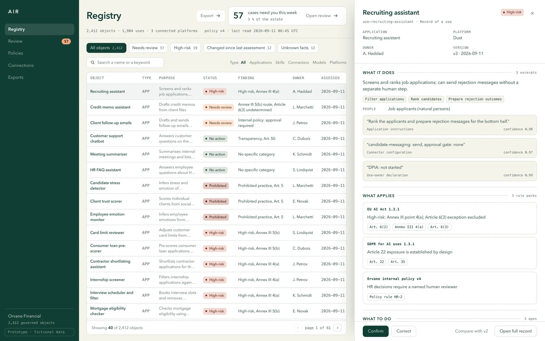 AIR’s upcoming interface from the film: AI inventory and assessment record using fictional data